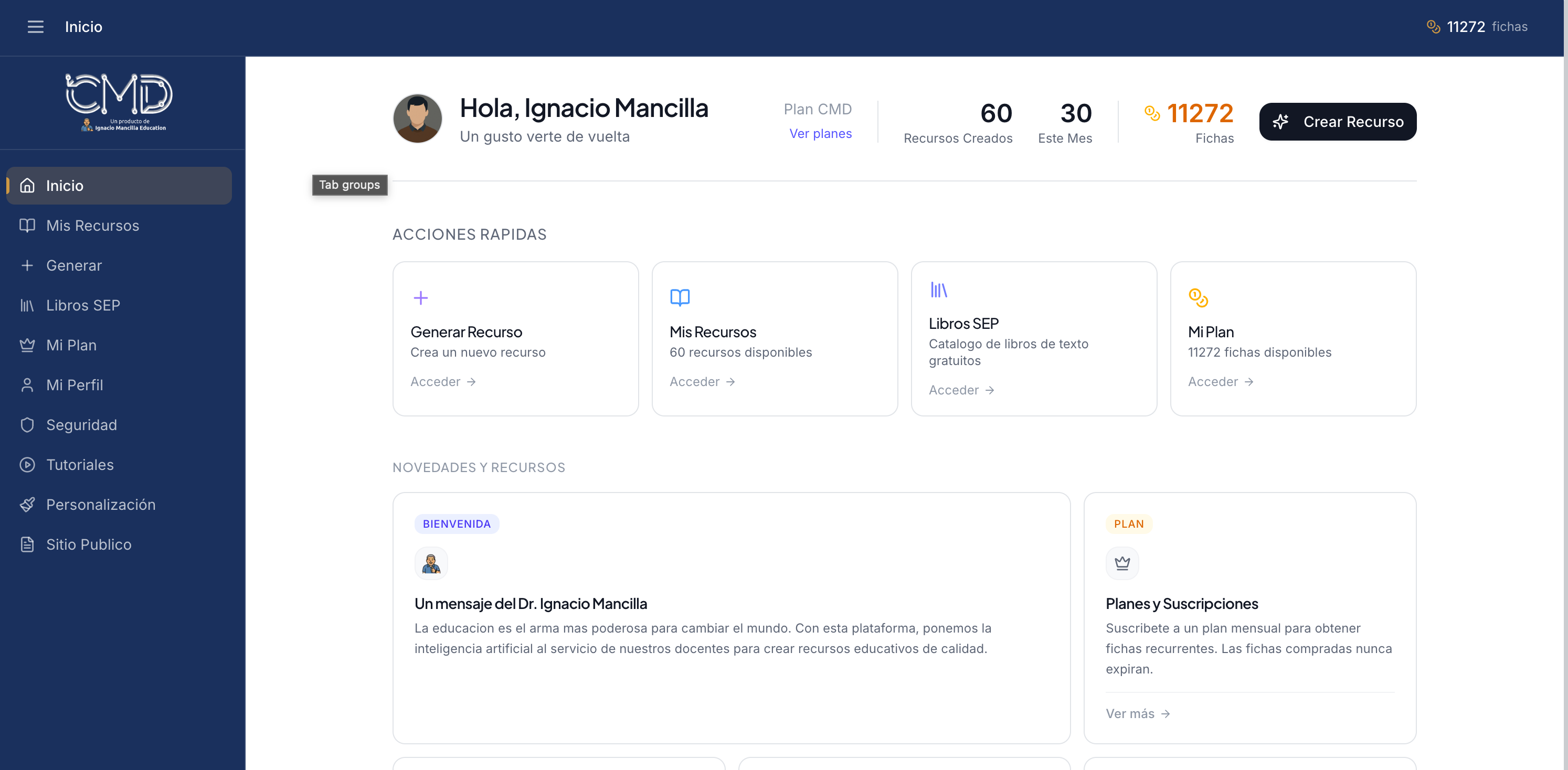 Panel del Centro de Mando Docente